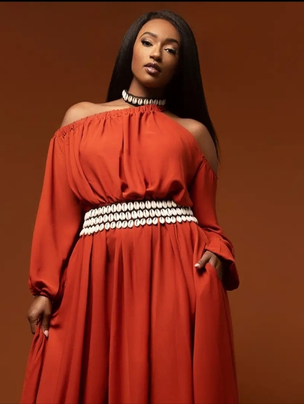 Rust Off-Shoulder Maxi Dress with Shell Belt - Picture 2 of 3